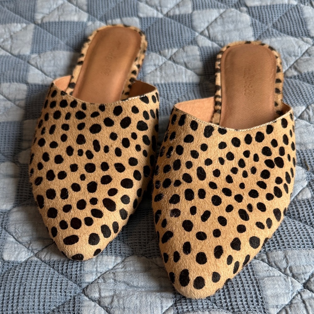 Madewell Tan and Black Spotted Mules
